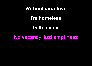 Without your love
I'm homeless
In this cold

No vacancy, just emptiness