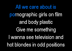 All we care about is
pornographic girls on film
and body plastic
Give me something
I wanna see television and
hot blondes in odd positions