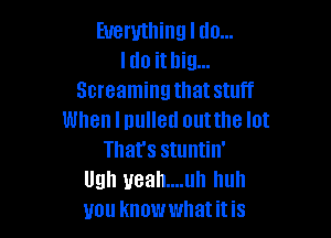 Everything I do...
I do it big...
Screaming that stuff

When I pulled outthe lot
That's stuntin'
Ugh ueah....ull huh
you knowwhat it is