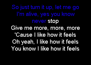 So just turn it up, let me go
I'm alive, yes you know
never stop
Give me more, more, more
'Cause I like how it feels
Oh yeah, I like how it feels
You know I like how it feels