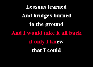 Lessons learned

And bridges burned

to the ground
And I would take it all back
if only I knew
that I could