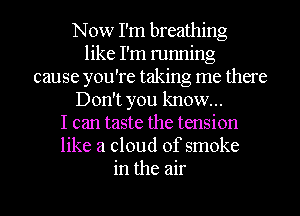 Now I'm breathing
like I'm running
cause you're taking me there
Don't you know...
I can taste the tension
like a cloud of smoke
in the air