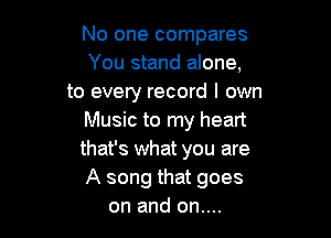 No one compares
You stand alone.
to every record I own

Music to my heart

that's what you are

A song that goes
on and on....