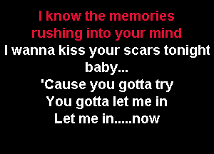 I know the memories
rushing into your mind
I wanna kiss your scars tonight
baby...
'Cause you gotta try
You gotta let me in
Let me in ..... now