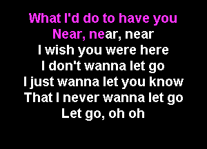 What I'd do to have you
Near, near, near
I wish you were here
I don't wanna let go
ljust wanna let you know
That I never wanna let go
Let go, oh oh

g