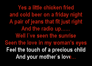 Yes a little chicken fried
and cold beer on a friday night
A pair ofjeans that fitjust right

And the radio up ......

Well Ive seen the sunrise
Seen the love in my woman's eyes
Feel the touch of a precious child

And your motherts love...