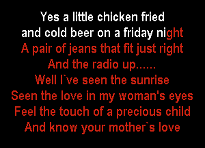 Yes a little chicken fried
and cold beer on a friday night
A pair ofjeans that fitjust right

And the radio up ......

Well Ive seen the sunrise
Seen the love in my woman's eyes
Feel the touch of a precious child

And know your motherts love