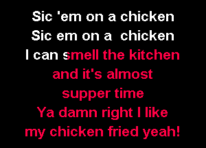 Sic 'em on a chicken
Sic em on a chicken
I can smell the kitchen
and it's almost
supper time
Ya damn right I like
my chicken fried yeah!