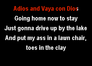 Adios and Maya con Dios
Going home now to stay
Just gonna drive up by the lake
And put my ass in a lawn chair,
toes in the clay