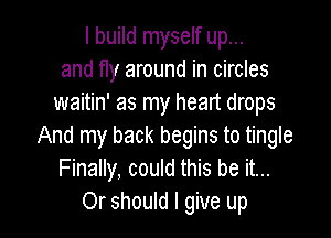 I build myself up...
and fly around in circles
waitin' as my heart drops

And my back begins to tingle
Finally, could this be it...
Or should I give up