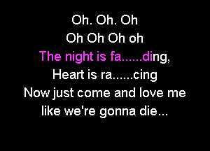 Oh. Oh. Oh
Oh Oh Oh oh
The night is fa ...... ding,

Heart is ra ...... cing
Nowjust come and love me
like we're gonna die...