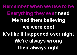 Remember when we use to be
Everything they ever need
We had them believing
we were cool
It's like it happened over night
We're always wrong
their always right