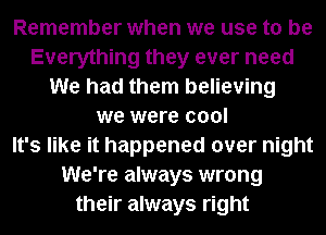 Remember when we use to be
Everything they ever need
We had them believing
we were cool
It's like it happened over night
We're always wrong
their always right