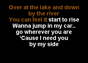 Over at the lake and down
by the river
You can feel it start to rise
Wannajump in my car..
go wherever you are
oCause I need you
by my side