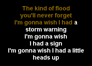The kind of flood
you'll never forget
I'm gonna wish I had a
storm warning
I'm gonna wish
I had a sign
I'm gonna wish I had a little
heads up