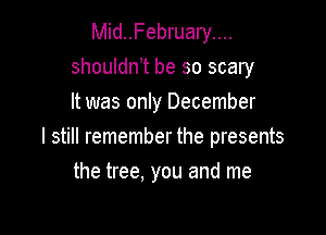 Mid..February....
shouldnT be so scary
It was only December

I still remember the presents

the tree, you and me