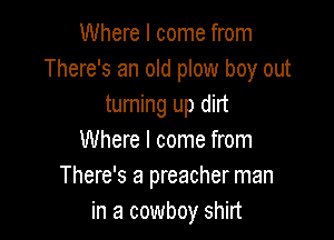 Where I come from
There's an old plow boy out
turning up dirt

Where I come from
There's a preacher man
in a cowboy shirt