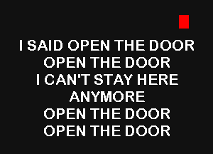 I SAID OPEN THE DOOR
OPEN THE DOOR
I CAN'T STAY HERE
ANYMORE
OPEN THE DOOR
OPEN THE DOOR