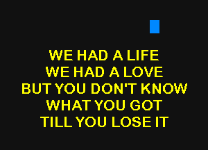 WE HAD A LIFE
WE HAD A LOVE
BUT YOU DON'T KNOW
WHAT YOU GOT
TILL YOU LOSE IT