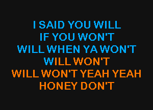 I SAID YOU WILL
IFYOU WON'T
WILLWHEN YAWON'T

WILL WON'T
WILL WON'T YEAH YEAH
HONEY DON'T