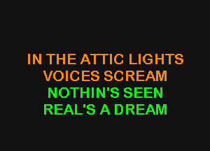 IN THE A'ITIC LIGHTS
VOICES SCREAM
NOTHIN'S SEEN
REAL'S A DREAM

g