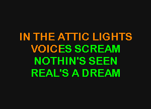 IN THE A'ITIC LIGHTS
VOICES SCREAM
NOTHIN'S SEEN
REAL'S A DREAM

g