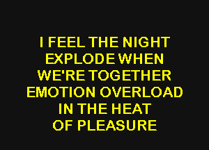 IFEEL THE NIGHT
EXPLODEWHEN
WE'RETOGETH ER
EMOTION OVERLOAD
IN THE HEAT
OF PLEASURE