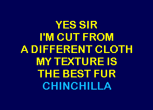 YES SIR
I'M CUT FROM
A DIFFERENTCLOTH
MY TEXTURE IS
THE BEST FUR

CHINCHILLA l
