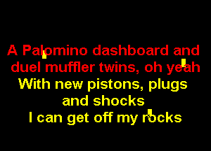 A Patpmino dashboard and
duel muffler twins, oh ye'hh
With new pistons, plugs
and shocks
I can get off my r mks