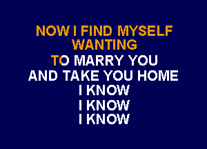 NOW I FIND MYSELF
WANTING

TO MARRY YOU

AND TAKE YOU HOME
I KNOW

I KNOW
I KNOW