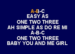 A-B-C
EASY AS
ONE TWO THREE
AH SIMPLE AS DO RE Ml
A-B-C
ONE TWO THREE
BABY YOU AND ME GIRL