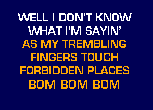 WELL I DON'T KNOW
WHAT I'M SAYIN'
AS MY TREMBLING
FINGERS TOUCH
FORBIDDEN PLACES

BUM BUM BUM