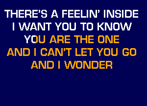 THERE'S A FEELINI INSIDE
I WANT YOU TO KNOW
YOU ARE THE ONE
AND I CAN'T LET YOU GO
AND I WONDER