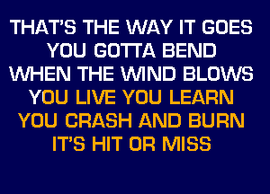 THAT'S THE WAY IT GOES
YOU GOTTA BEND
WHEN THE WIND BLOWS
YOU LIVE YOU LEARN
YOU CRASH AND BURN
ITS HIT 0R MISS