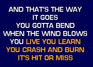 AND THAT'S THE WAY
IT GOES
YOU GOTTA BEND
WHEN THE WIND BLOWS
YOU LIVE YOU LEARN
YOU CRASH AND BURN
ITS HIT 0R MISS