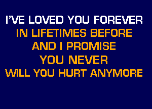 I'VE LOVED YOU FOREVER
IN LIFETIMES BEFORE
AND I PROMISE

YOU NEVER
VUILL YOU HURT ANYMORE