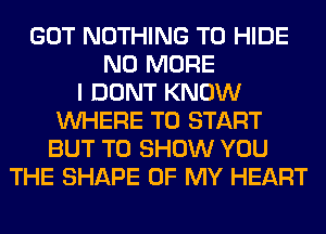 GOT NOTHING TO HIDE
NO MORE
I DONT KNOW
WHERE TO START
BUT TO SHOW YOU
THE SHAPE OF MY HEART