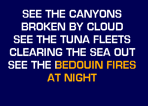 SEE THE CANYONS
BROKEN BY CLOUD
SEE THE TUNA FLEETS
CLEARING THE SEA OUT
SEE THE BEDOUIN FIRES
AT NIGHT