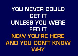 YOU NEVER COULD
GET IT
UNLESS YOU WERE
FED IT
NOW YOU'RE HERE

AND YOU DON'T KNOW
VUHY