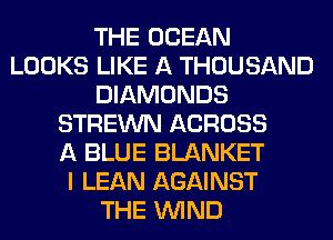 THE OCEAN
LOOKS LIKE A THOUSAND
DIAMONDS
STREWN ACROSS
A BLUE BLANKET
I LEAN AGAINST
THE WIND