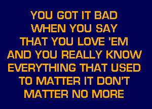 YOU GOT IT BAD
WHEN YOU SAY
THAT YOU LOVE 'EM
AND YOU REALLY KNOW
EVERYTHING THAT USED
TO MATTER IT DON'T
MATTER NO MORE