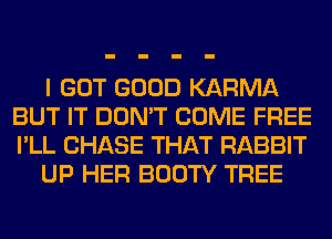 I GOT GOOD KARMA
BUT IT DON'T COME FREE
I'LL CHASE THAT RABBIT

UP HER BOOTY TREE