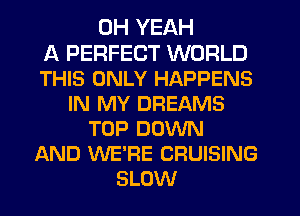 OH YEAH
A PERFECT WORLD
THIS ONLY HAPPENS
IN MY DREAMS
TOP DOWN
AND WE'RE CRUISING
SLOW