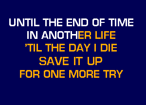 UNTIL THE END OF TIME
IN ANOTHER LIFE
'TIL THE DAY I DIE

SAVE IT UP
FOR ONE MORE TRY