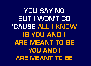 YOU SAY NO
BUT I WON'T GO
'CAUSE ALL I KNOW
IS YOU AND I

ARE MEANT TO BE
YOU AND I

ARE MEANT TO BE l