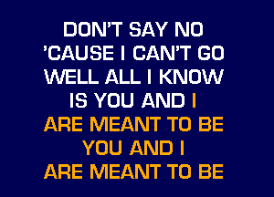 DON'T SAY NO
'CAUSE I CAN'T GO
1UUELL ALL I KNOW

IS YOU AND I
ARE MEANT TO BE
YOU AND I

ARE MEANT TO BE l