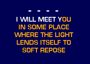 I 1WILL MEET YOU
IN SOME PLACE
WHERE THE LIGHT
LENDS ITSELF T0

SOFT REPOSE l