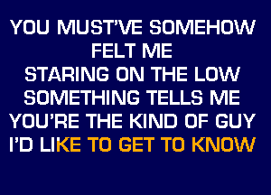 YOU MUSTVE SOMEHOW
FELT ME
STARING ON THE LOW
SOMETHING TELLS ME
YOU'RE THE KIND OF GUY
I'D LIKE TO GET TO KNOW