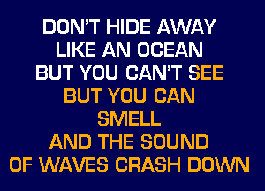 DON'T HIDE AWAY
LIKE AN OCEAN
BUT YOU CAN'T SEE
BUT YOU CAN
SMELL
AND THE SOUND
OF WAVES CRASH DOWN