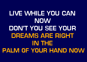 LIVE WHILE YOU CAN
NOW

DON'T YOU SEE YOUR

DREAMS ARE RIGHT

IN THE
PALM OF YOUR HAND NOW